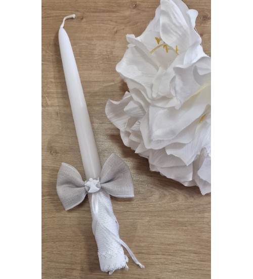 Krikšto balta žvakė su lininiu kaspinėliu 30 cm. Spalva balta / pilka (6)